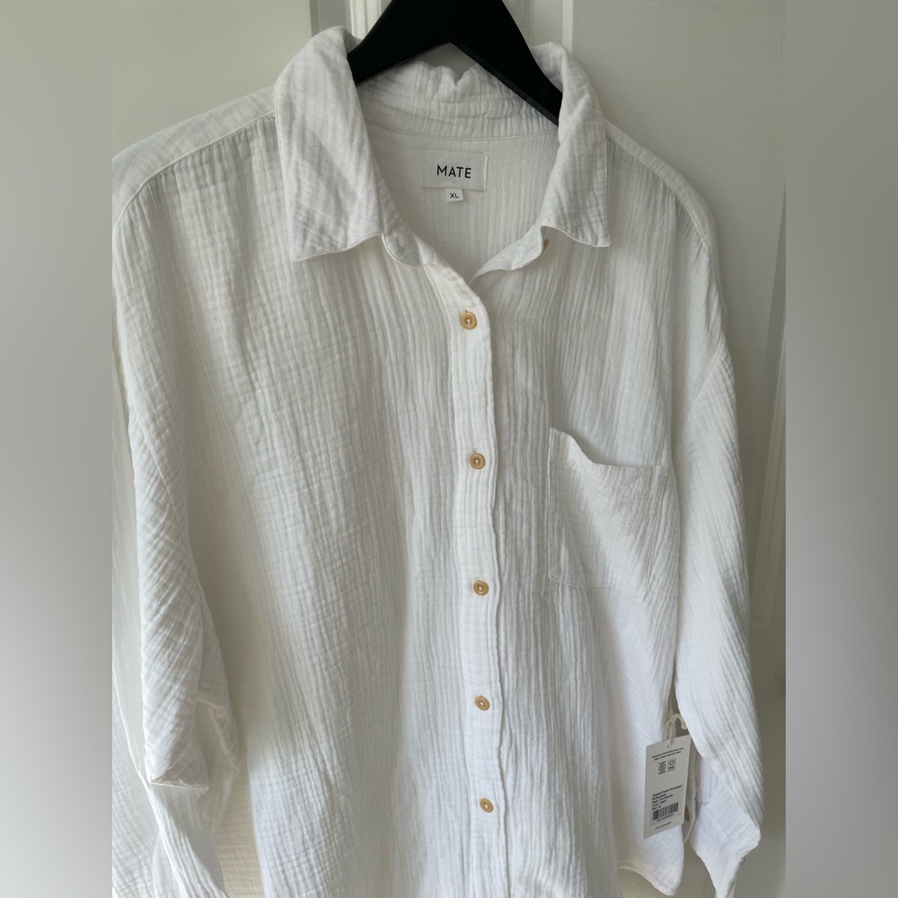 MATE The Label 100% Organic Cotton Gauze Button Down Shirt White Size XL NWT - Picture 5 of 7
